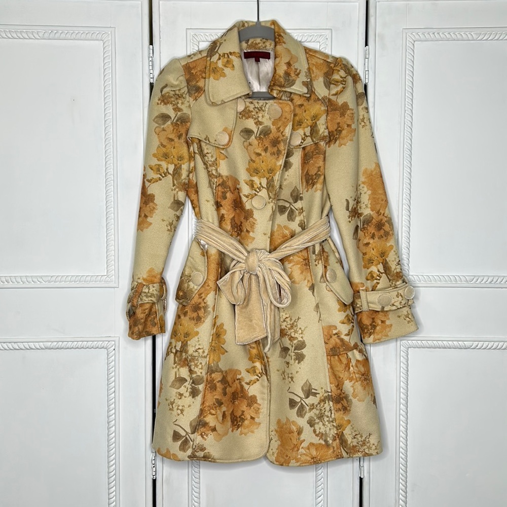 Kenzo floral wool velvet tie waist pocketed pea coat